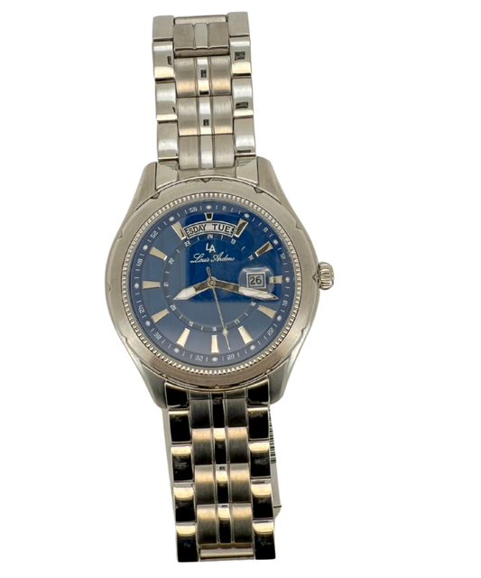 Stainless Steel Day-Date Watch with Blue Dial